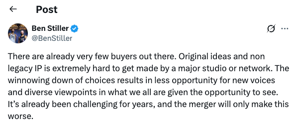 There are already very few buyers out there. Original ideas and non legacy IP is extremely hard to get made by a major studio or network. The winnowing down of choices results in less opportunity for new voices and diverse viewpoints in what we all are given an opportunity to see. Its already been challenging for years, and the merger will only make this worse.