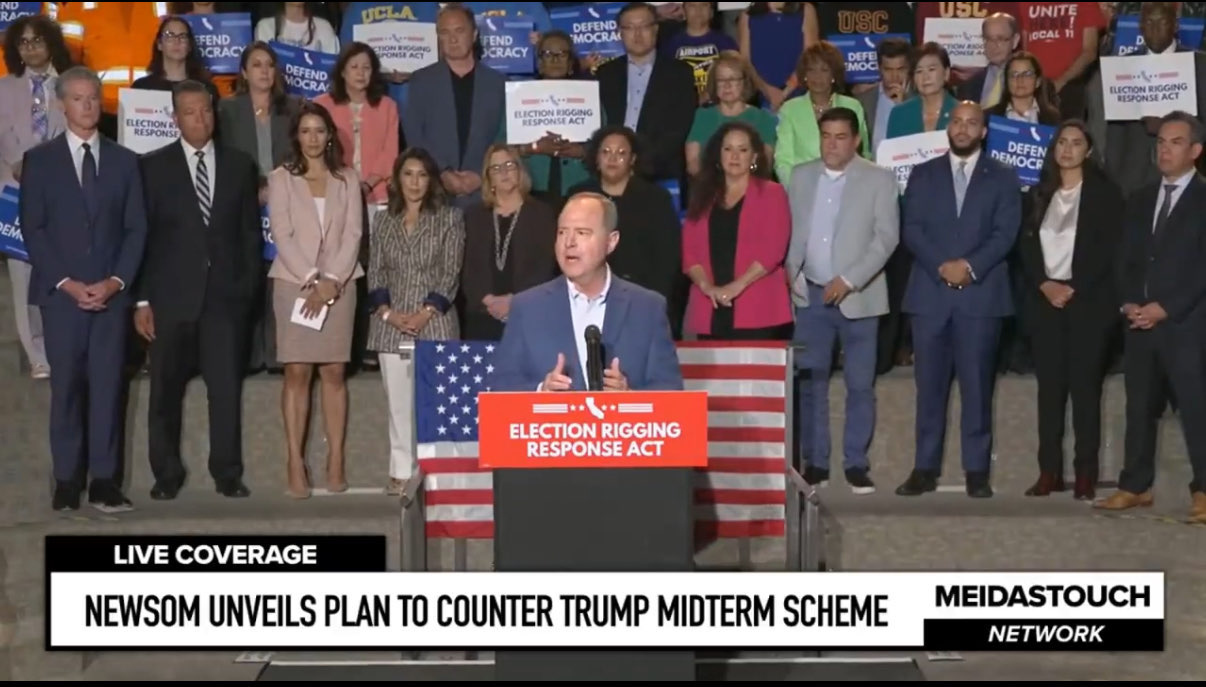 Adam Schiff alongside Gavin Newsom, Alex Padilla, and other leaders in California