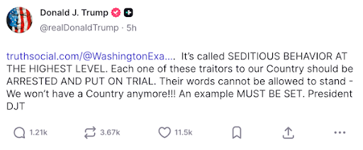 Trump Truth Social Post: It's called seditious behavior at the highest level