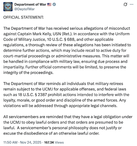 Department of War post about their investigation into Mark Kelly