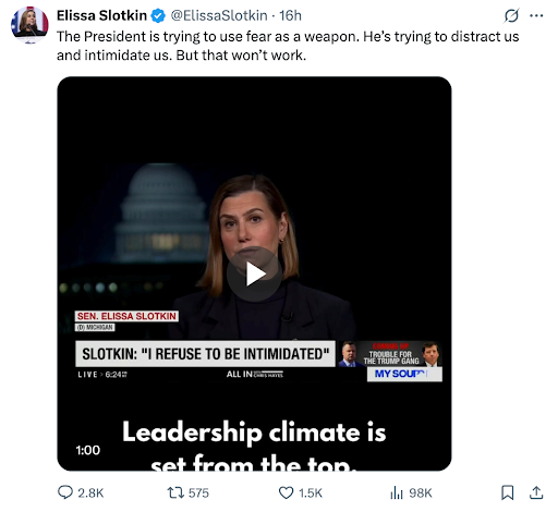 Elissa Slotkin tweet: The President is trying to use fear as a weapon. He’s trying to distract us and intimidate us. But that won’t work.