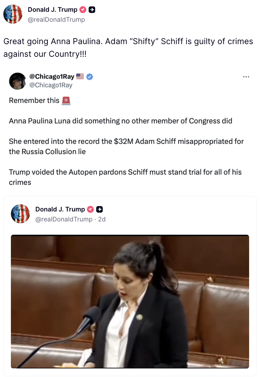 Truth Social post: Adam Shifty Schiff is guilty of crimes against our country!
