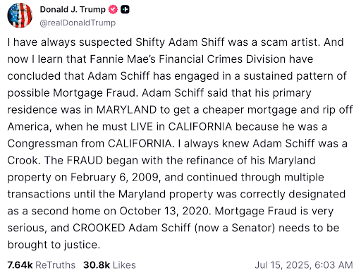 Trump on Truth Social: I have always suspected Shifty Adam Shiff was a scam artist. And now I learn that Fannie Mae's Financial Crimes Division have concluded that Adam Schiff has engaged in a sustained pattern of possible Mortgage Fraud. Adam Schiff said that his primary residence was in MARYLAND to get a cheaper mortgage and rip off America, when he must LIVE in CALIFORNIA because he was a Congressman from CALIFORNIA. I always knew Adam Schiff was a Crook. The FRAUD began with the refinance of his Maryland property on February 6, 2009, and continued through multiple transactions until the Maryland property was correctly designated as a second home on October 13, 2020. Mortgage Fraud is very serious, and CROOKED Adam Schiff (now a Senator) needs to be brought to justice.
