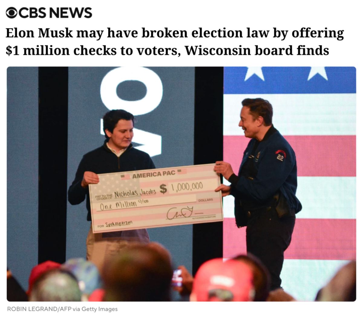 CBS News: Elon Musk may have broken election law by offering $1 million checks to voters, Wisconsin board finds