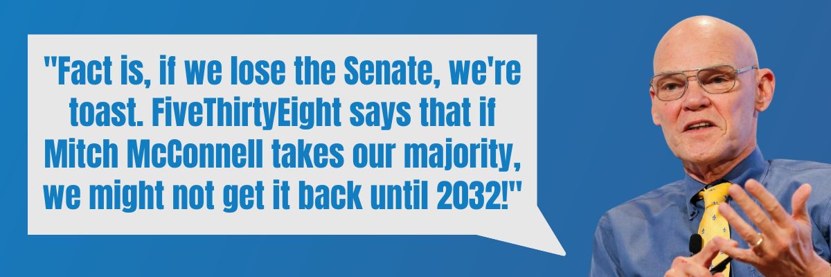 James Carville: Fact is, if we lose the Senate, we're toast. FiveThirtyEight says that if Mitch McConnell takes our majority, we might not get it back until 2032!