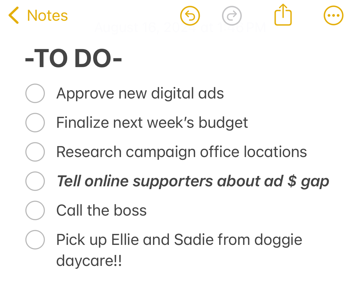 Tiernan's to-do list