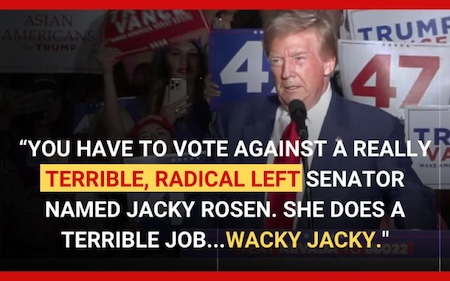 Donald Trump: You have to vote against a really terrible, radical left senator named Jacky Rosen. She does a terrible job... Wacky Jacky.