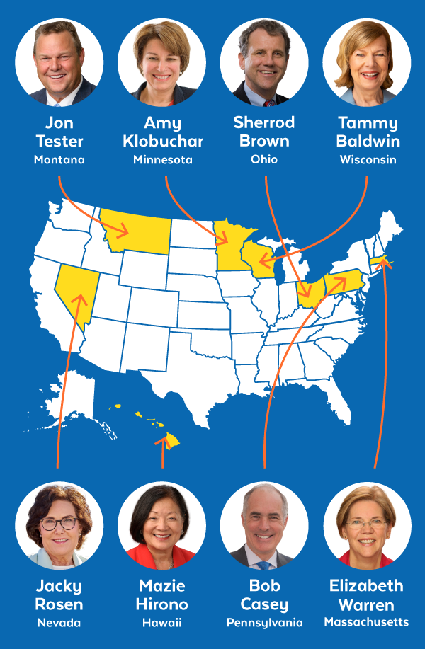 Jon Tester (MT), Amy Klobuchar (MN), Sherrod Brown (OH), Tammy Baldwin (WI), Jacky Rosen (NV), Mazie Hirono (HI), Bob Casey (PA), Elizabeth Warren (MA)