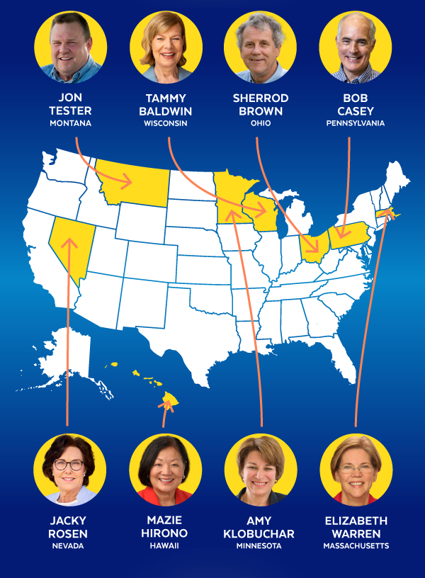 Jon Tester, Montana | Tammy Baldwin, Wisconsin | Sherrod Brown, Ohio | Bob Casey, Pennsylvania | Jacky Rosen, Nevada | Mazie Hirono, Hawaii | Amy Klobuchar, Minnesota | Elizabeth Warren, Massachusetts