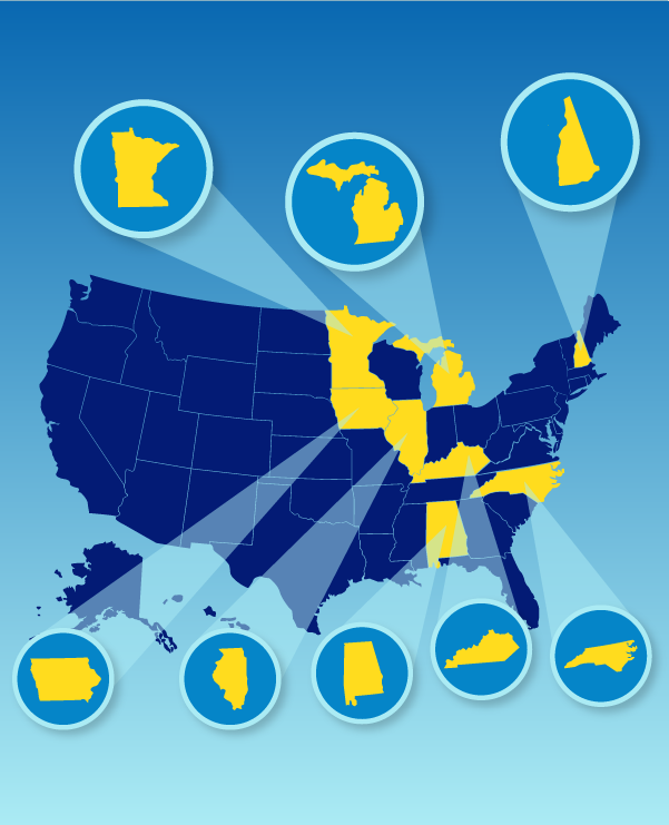 Minnesota, Michigan, New Hampshire, Iowa, Illinois, Alabama, Kentucky, and North Carolina