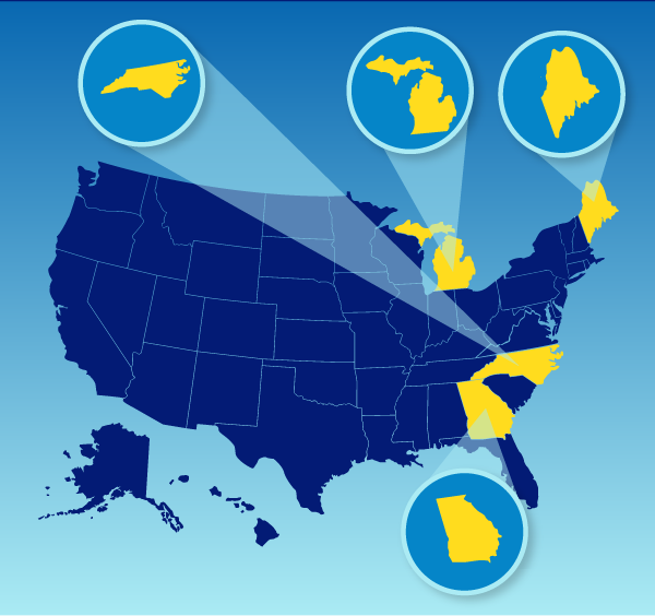 North Carolina, Michigan, Georgia, Maine