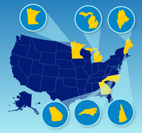 Minnesota, Michigan, New Hampshire, Maine, North Carolina, Georgia