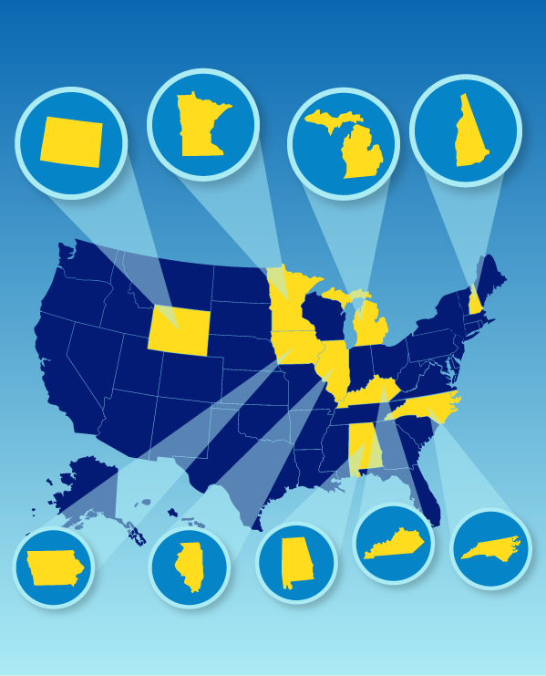 Minnesota, Michigan, New Hampshire, Iowa, Illinois, Alabama, Kentucky, Wyoming, and North Carolina