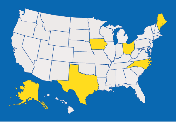 Maine, Ohio, North Carolina, Iowa, Texas, Alaska