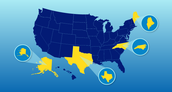 Maine, North Carolina, Texas, and Alaska
