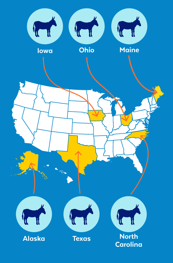 Iowa, Ohio, Maine, Alaska, Texas, North Carolina