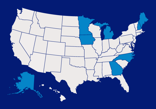 Alaska, Georgia, North Carolina, Maine, New Hampshire, Michigan, Iowa, Minnesota