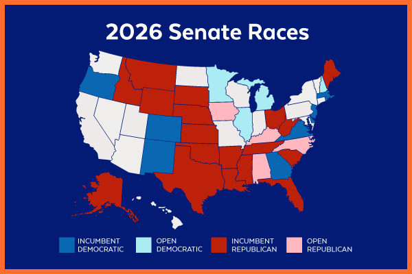2026 Senate Races | Incumbent Democratic: Oregon, Colorado, New Mexico, Georgia, Virginia, Delaware, New Jersey, Massachusetts, Rhode Island | Open Democratic: Minnesota, Illinois, Michigan, New Hampshire | Incumbent Republican: Idaho, Montana, Wyoming, South Dakota, Nebraska, Kansas, Oklahoma, Texas, Arkansas, Louisiana, Mississippi, Tennessee, South Carolina, Florida, West Virginia, Ohio, Maine, Alaska | Open Republican: Iowa, Kentucky, North Carolina, Alabama