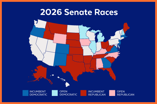 2026 Senate Races | Incumbent Democratic: Oregon, Colorado, New Mexico, Georgia, Virginia, Delaware, New Jersey, Massachusetts, Rhode Island | Open Democratic: Minnesota, Illinois, Michigan, New Hampshire | Incumbent Republican: Idaho, Montana, South Dakota, Nebraska, Kansas, Oklahoma, Texas, Arkansas, Louisiana, Mississippi, Tennessee, South Carolina, Florida, West Virginia, Ohio, Maine, Alaska | Open Republican: Iowa, Kentucky, North Carolina, Alabama, Wyoming