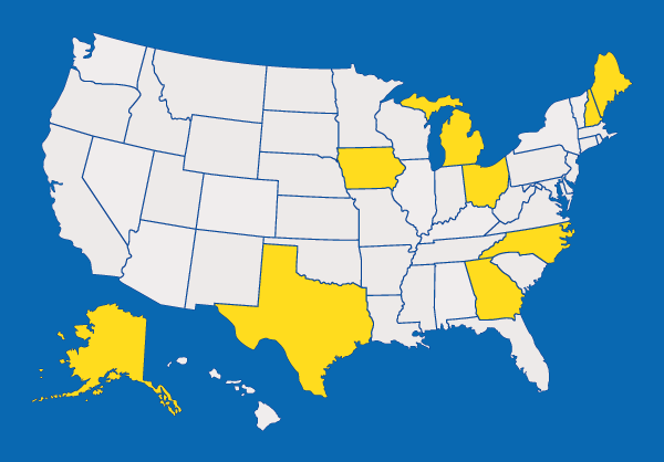 North Carolina, Ohio, Maine, Alaska, Iowa, Georgia, Michigan, Texas, New Hampshire