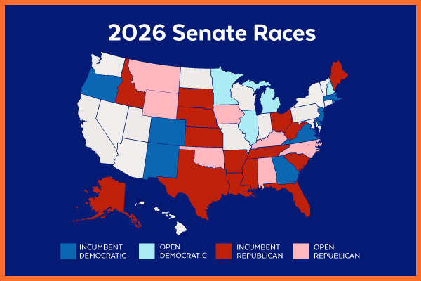 2026 Senate Races | Incumbent Democratic: Oregon, Colorado, New Mexico, Georgia, Virginia, Delaware, New Jersey, Massachusetts, Rhode Island | Open Democratic: Minnesota, Illinois, Michigan, New Hampshire | Incumbent Republican: Idaho, South Dakota, Nebraska, Kansas, Texas, Arkansas, Louisiana, Mississippi, Tennessee, South Carolina, Florida, West Virginia, Ohio, Maine, Alaska | Open Republican: Montana, Wyoming, Iowa, Oklahoma, Kentucky, North Carolina, Alabama