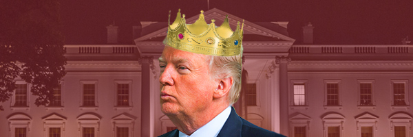 Trump wearing a crown with the White House in the background