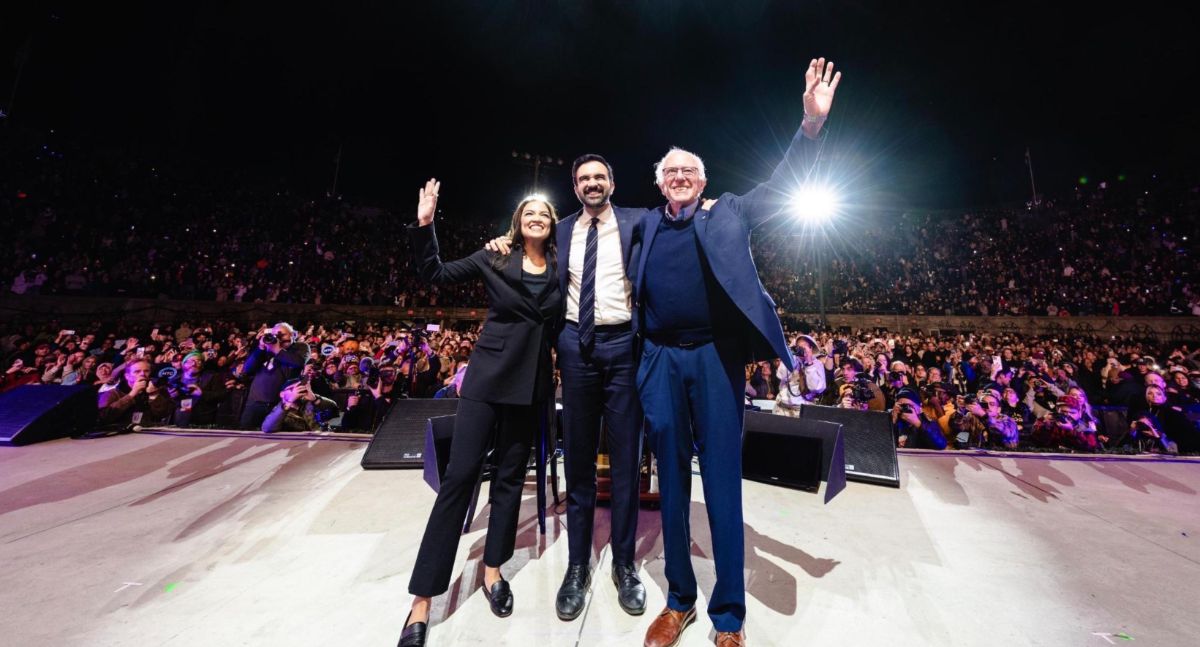 Bernie, AOC, and Zohran at rally in Queens