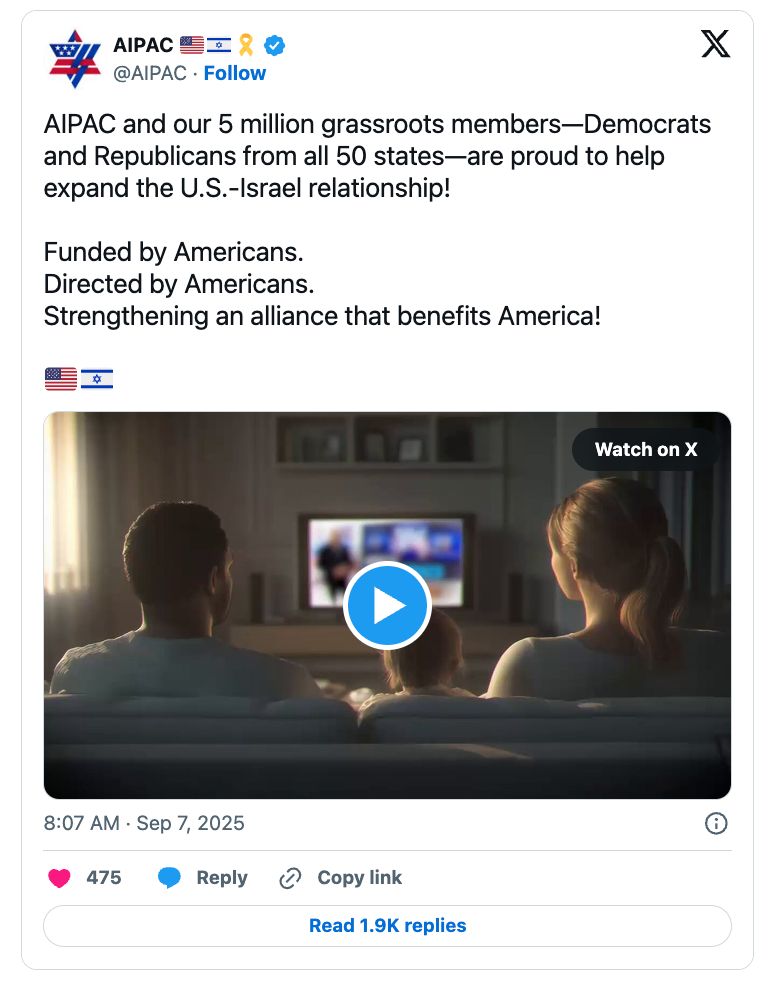 Tweet of AIPAC video: 'AIPAC and our 5 million grassroots members—Democrats and Republicans from all 50 states—are proud to help expand the U.S.-Israel relationship! Funded by Americans. Directed by Americans. Strengthening an alliance that benefits America!'