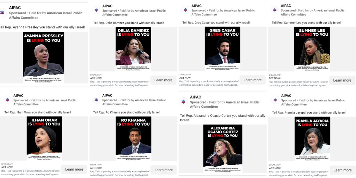 Collage of ads being run by AIPAC attacking Justice Democrats' candidates.