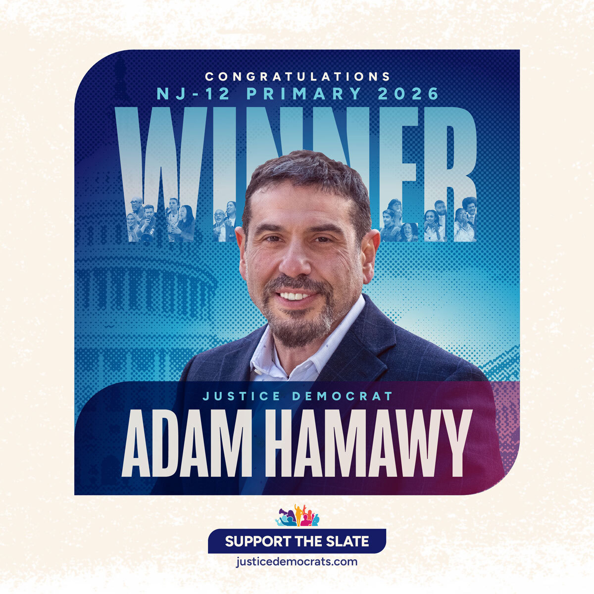 Congratulations NJ-12 primary 2026 winner Justice Democrat Adam Hamawy