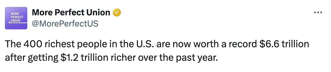 A post on X from More Perfect Union (@MorePerfectUS) reads: 'The 400 richest people in the U.S. are now worth a record $6.6 trillion after getting $1.2 trillion richer over the past year.'
