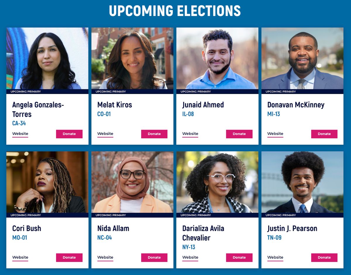 A graphic titled 'Upcoming Elections' displays photos and information for eight Justice Democrats candidates in upcoming 2026 Democratic primaries. Each candidate has a labeled “Upcoming Primary” banner, name, district, and two pink buttons for “Website” and “Donate.” The candidates shown are: Angela Gonzales-Torres (CA-34), Melat Kiros (CO-01), Junaid Ahmed (IL-08), Donavan McKinney (MI-13), Cori Bush (MO-01), Nida Allam (NC-04), Darializa Avila Chevalier (NY-13), and Justin J. Pearson (TN-09).