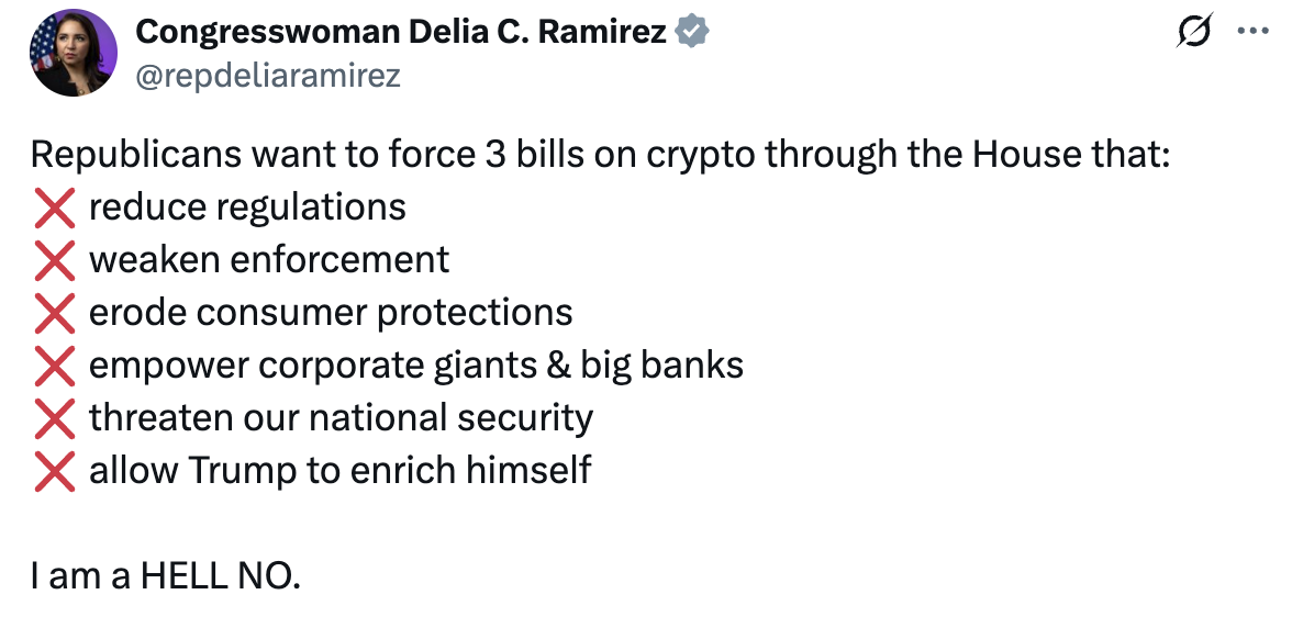 Tweet from Congresswoman Delia C. Ramirez: Republicans want to force 3 bills on crypto through the House that reduce regulations, weaken enforcement, erode consumer protections, empower corporate giants & big banks, threaten our national security, and allow Trump to enrich himself. I am a HELL NO.