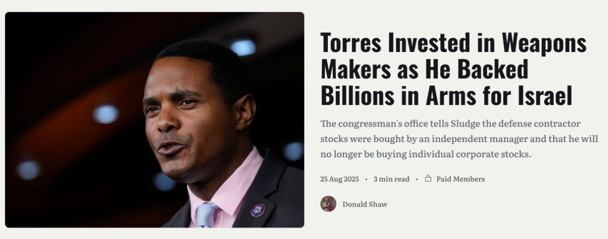 Sludge: Torres invested in weapons makers as he backed billions in arms for Israel