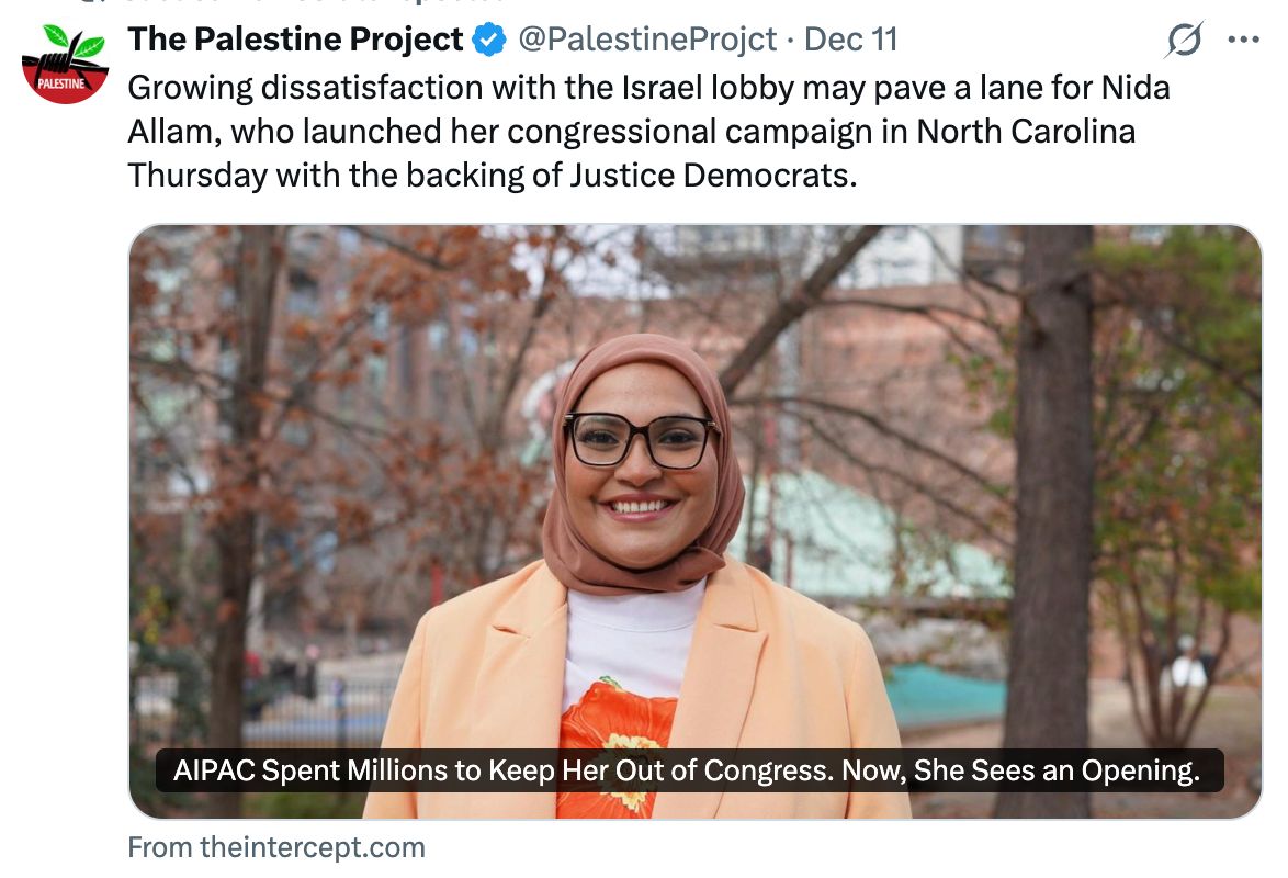 The Palestine Project: Growing dissatisfaction with the Israel lobby may pave a lane for Nida Allam, who launched her congressional campaign in North Carolina Thursday with the backing of Justice Democrats.
