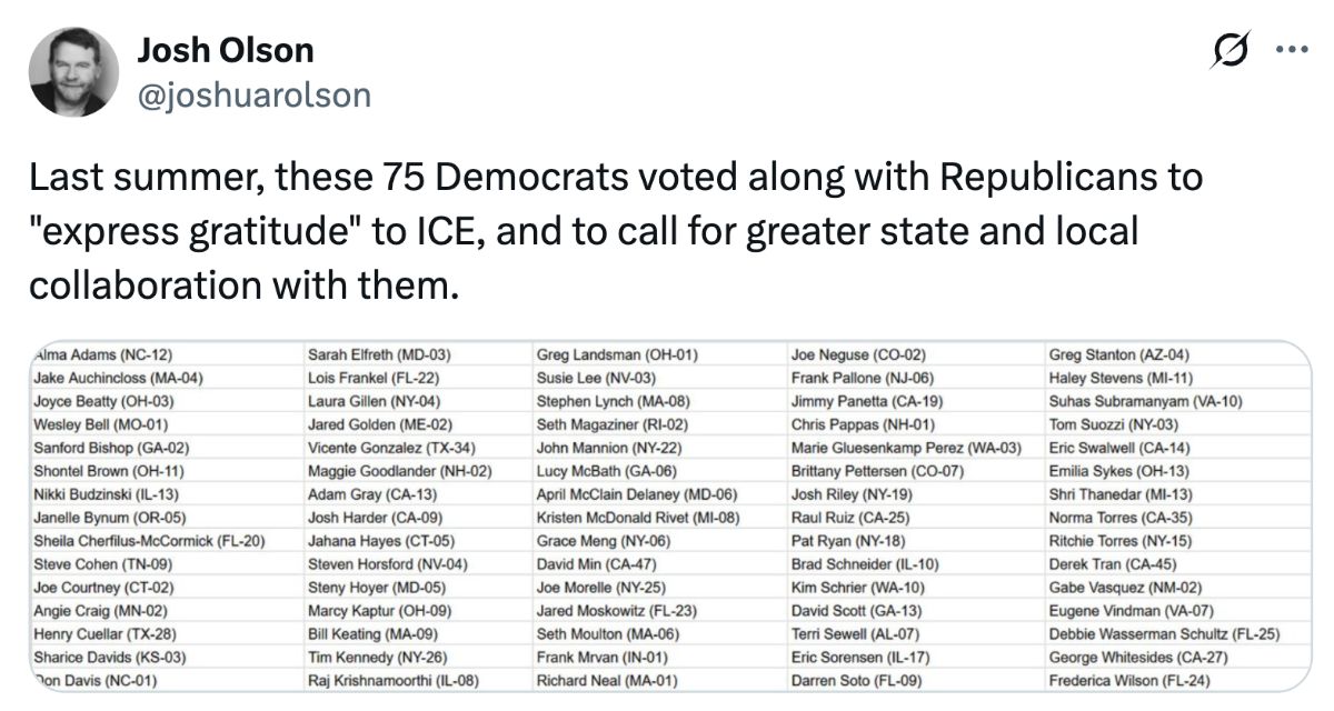 Tweet by Josh Olson: Last summer, these 75 Democrats voted along with Republicans to “express gratitude” to ICE, and to call for greater state and local collaboration with them.