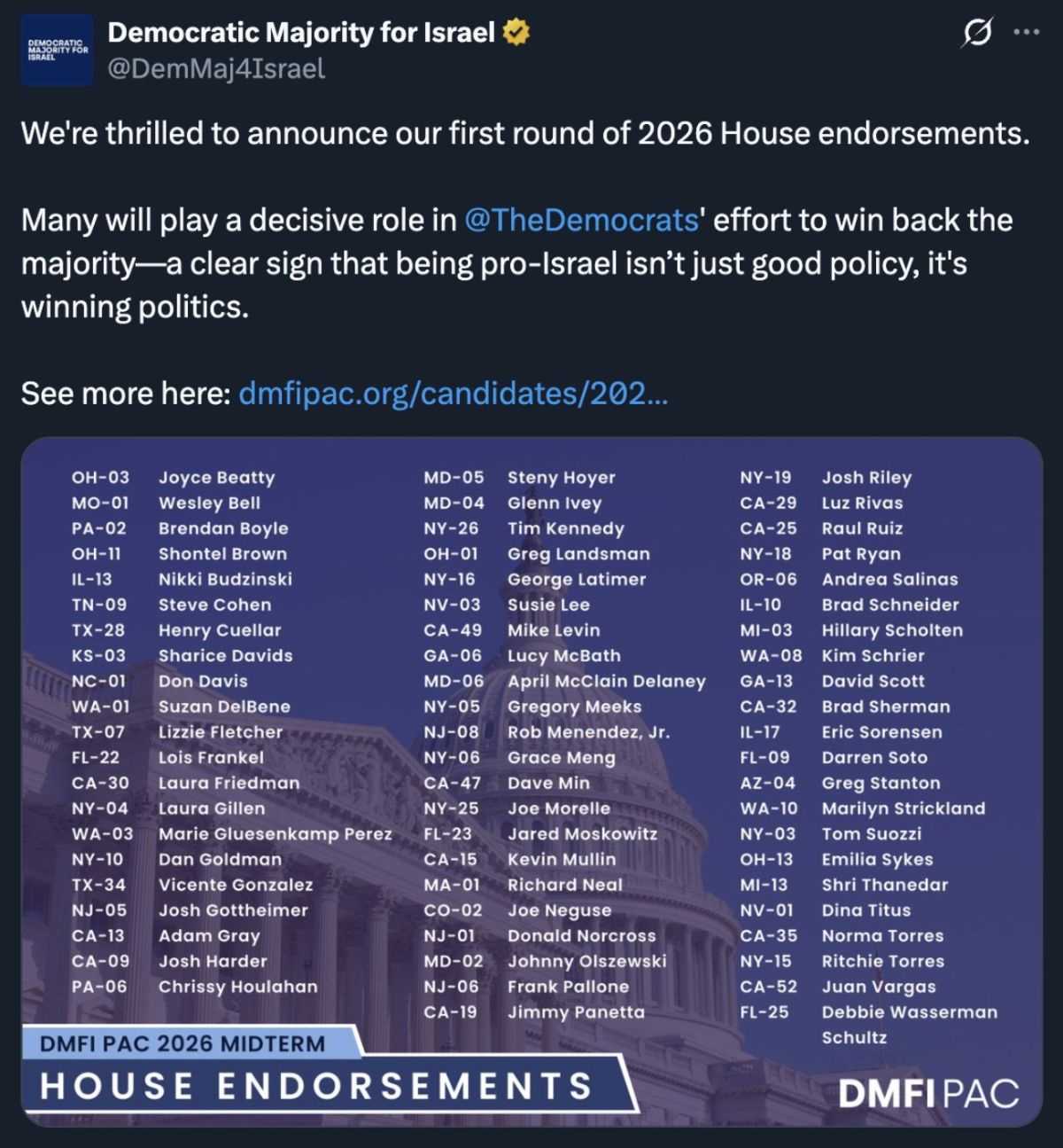 Tweet by Democratic Majority for Israel (DMFI) listing their first round of 2026 House endorsements.
