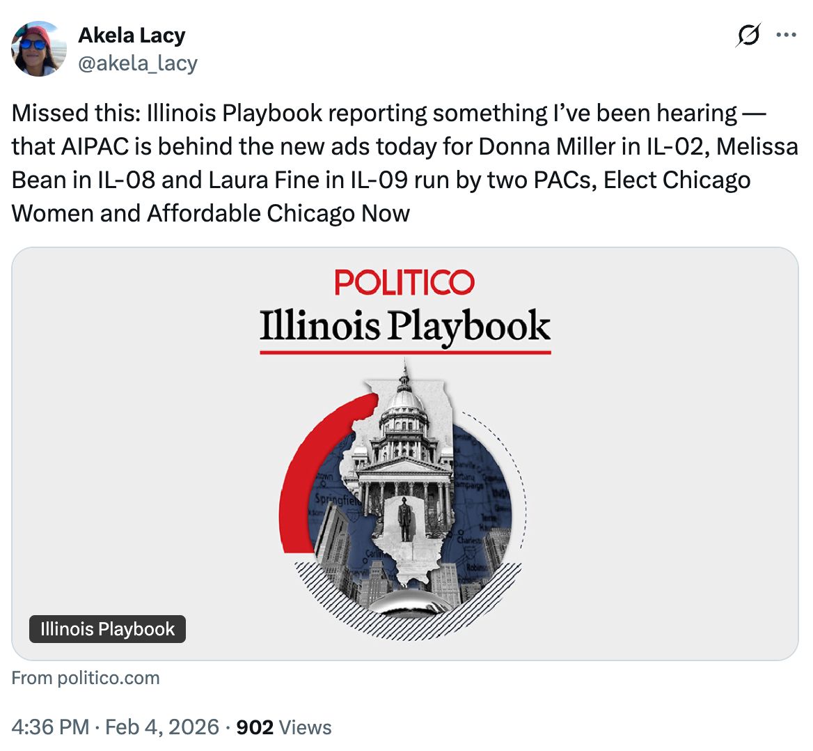 Tweet by Akela Lacy: Missed this: Illinois Playbook reporting something I’ve been hearing — that AIPAC is behind the new ads today for Donna Miller in IL-02, Melissa Bean in IL-08 and Laura Fine in IL-09 run by two PACs, Elect Chicago Women and Affordable Chicago Now