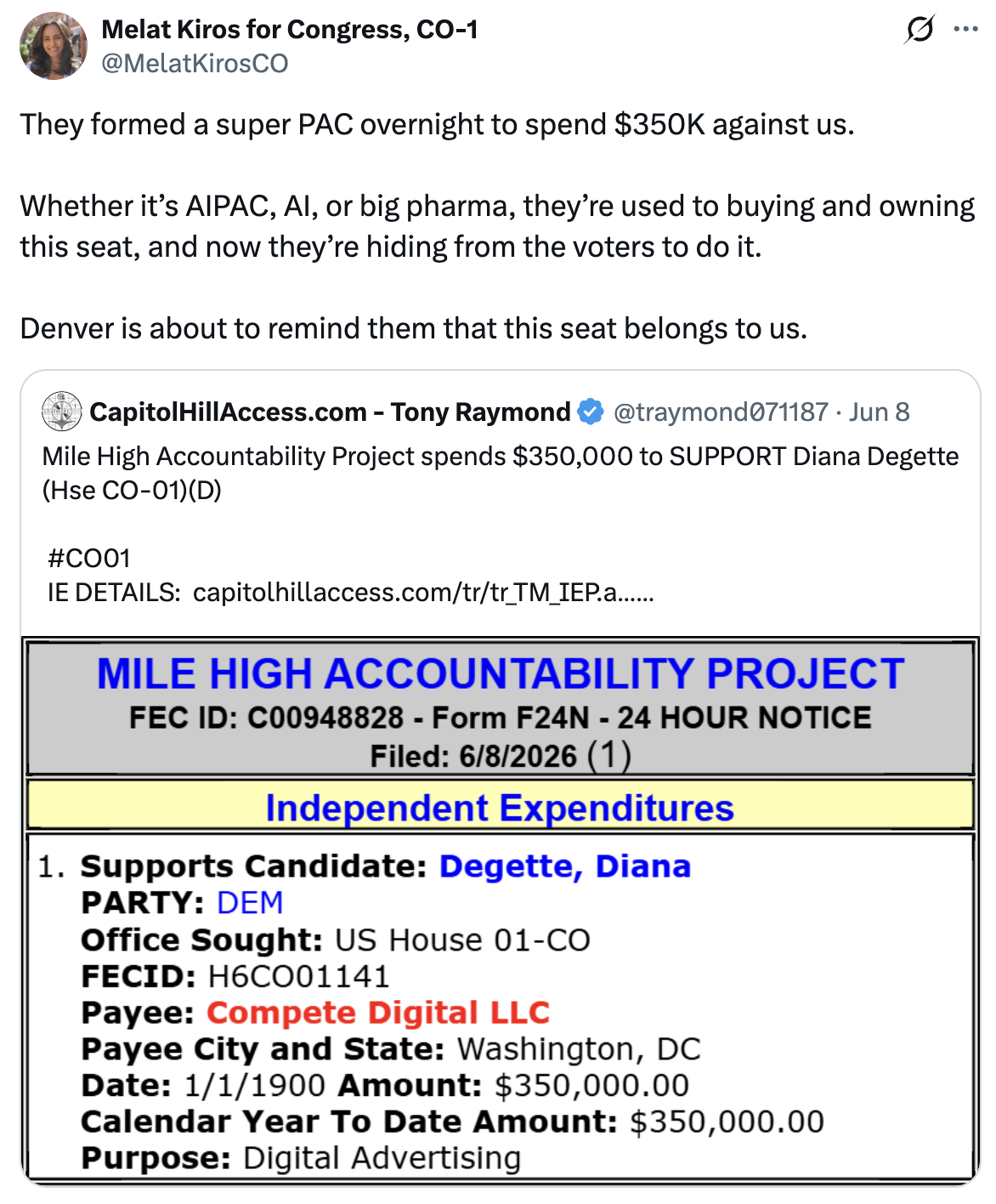 Tweet by Melat Kiros for Congress, CO-01: They formed a super PAC overnight to spend $350K against us. Whether it’s AIPAC, AI, or big Pharma, they’re used to buying and owning this seat, and now they’re hiding from the voters to do it. Denver is about to remind them that this seat belongs to us.