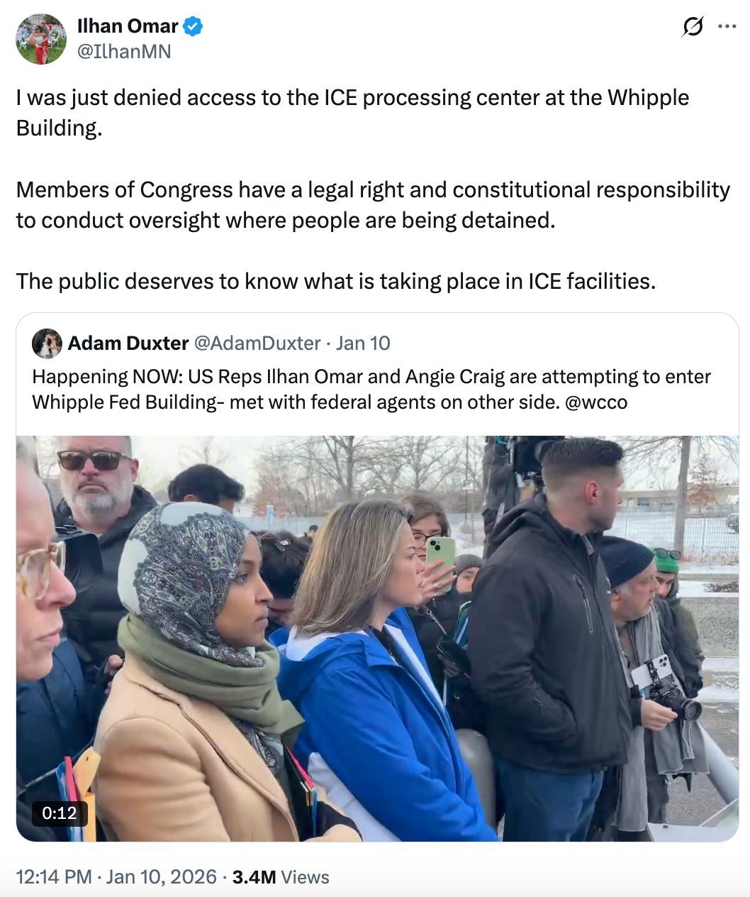 Tweet by Ilhan Omar: I was just denied access to the ICE processing center at the Whipple Building. Members of Congress have a legal right and constitutional responsibility to conduct oversight where people are being detained. The public deserves to know what is taking place in ICE facilities.