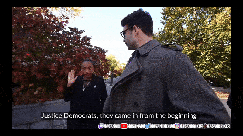 Gif of Summer Lee telling Hasan Piker, "Justice Democrats, they came in from the beginning.”