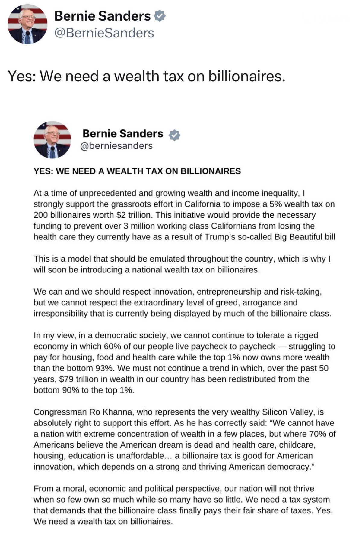Tweet from Bernie Sanders saying “Yes: We need a wealth tax on billionaires” and a statement agreeing with Rep. Ro Khanna’s proposed billionaire tax.