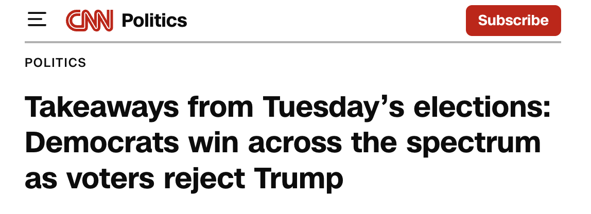 Headline from CNN: Takeaways from Tuesday’s elections: Democrats win across the spectrum as voters reject Trump