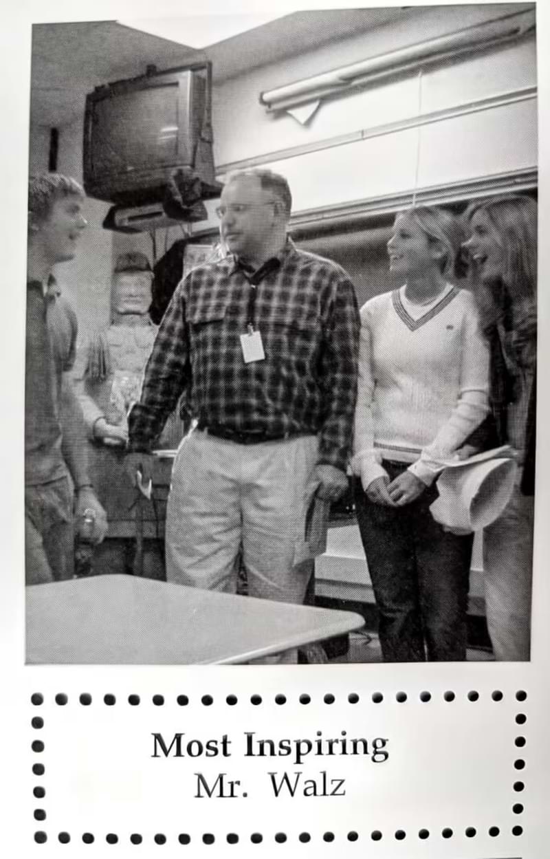 Image of Tim Walz during his time teaching. Words 'Most Inspiring' are typed below.