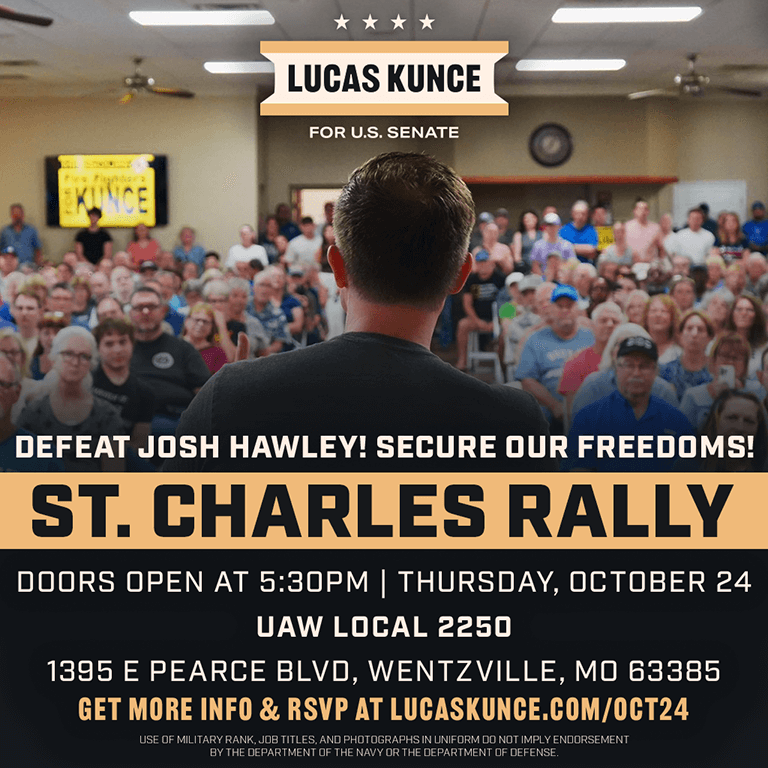 Lucas speaking in front of crowd with title 'St. Charles Rally' and details of event listed