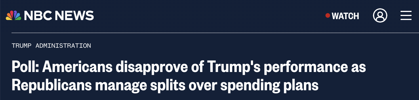 NBC headline: Poll: Americans disapprove of Trump's performance as Republicans manage splits over spending plans