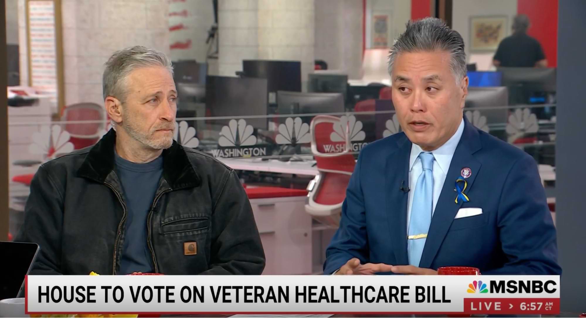 Screengrab of Congressman Mark Takano and Jon Stewart on MSNBC