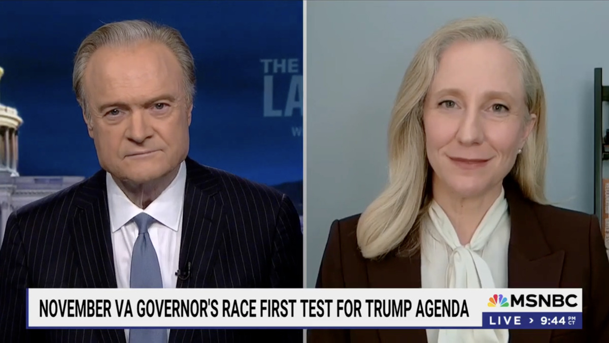 Image of Abigail Spanberger and Lawrence O'Donnell on MSNBC. The chyron says 'November VA Governor's Race First Test For Trump Agenda'