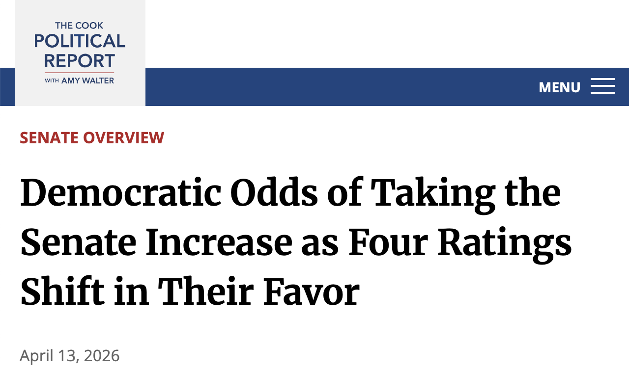 Headline from Cook Political Report, April 13, 2026: Democratic Odds of Taking the Senate Increase as Four Ratings Shift in Their Favor