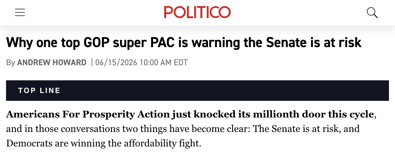 POLITICO headline: Why one top GOP super PAC is warning the Senate is at risk